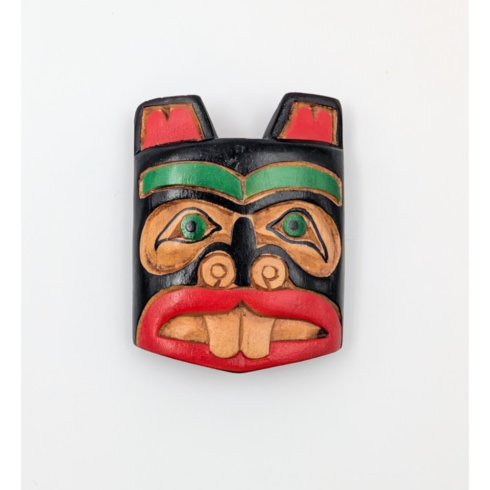 Artie George Signed Beaver Mask Brooch Carved Yellow Cedar Salish‎ First Nations